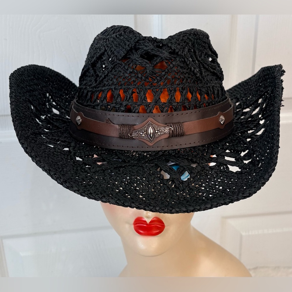 Men’s Black Straw Cowboy Hat With Vegan Leather Concho Band~Large